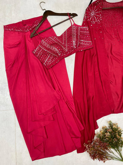 "Elegant French Silk Ensemble with Sequence Embroidery"