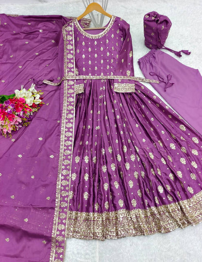 "Elegant Chinnon Silk Gwon Set with Heavy Embroidery & Sequence Work"