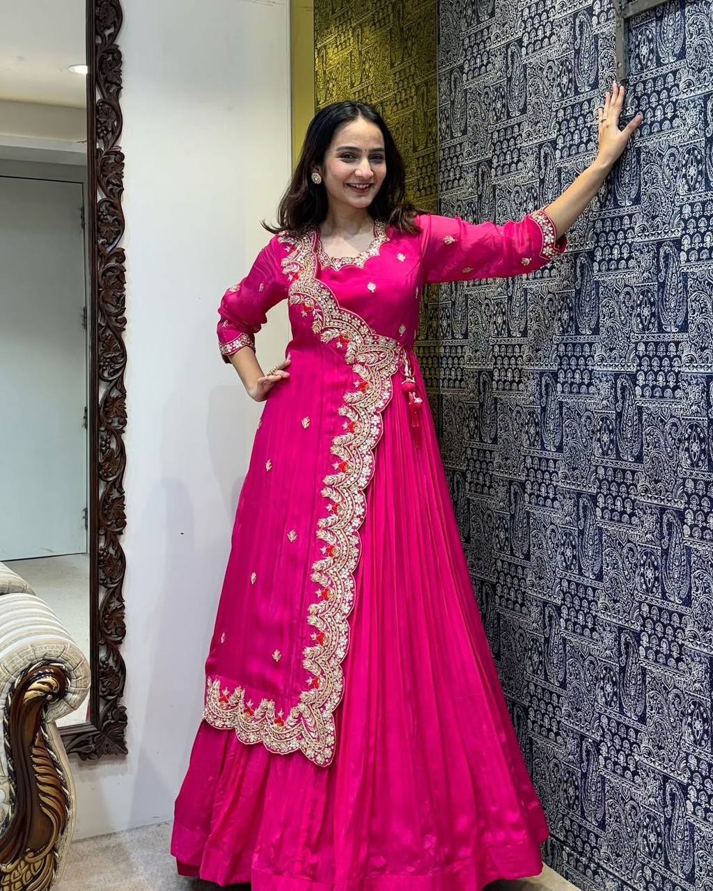 "Elegant Faux Georgette Gown with Intricate Embroidery & Silk Inner"