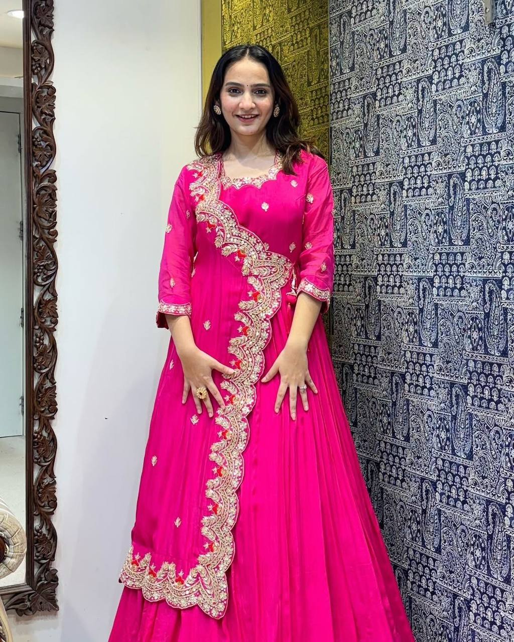 "Elegant Faux Georgette Gown with Intricate Embroidery & Silk Inner"
