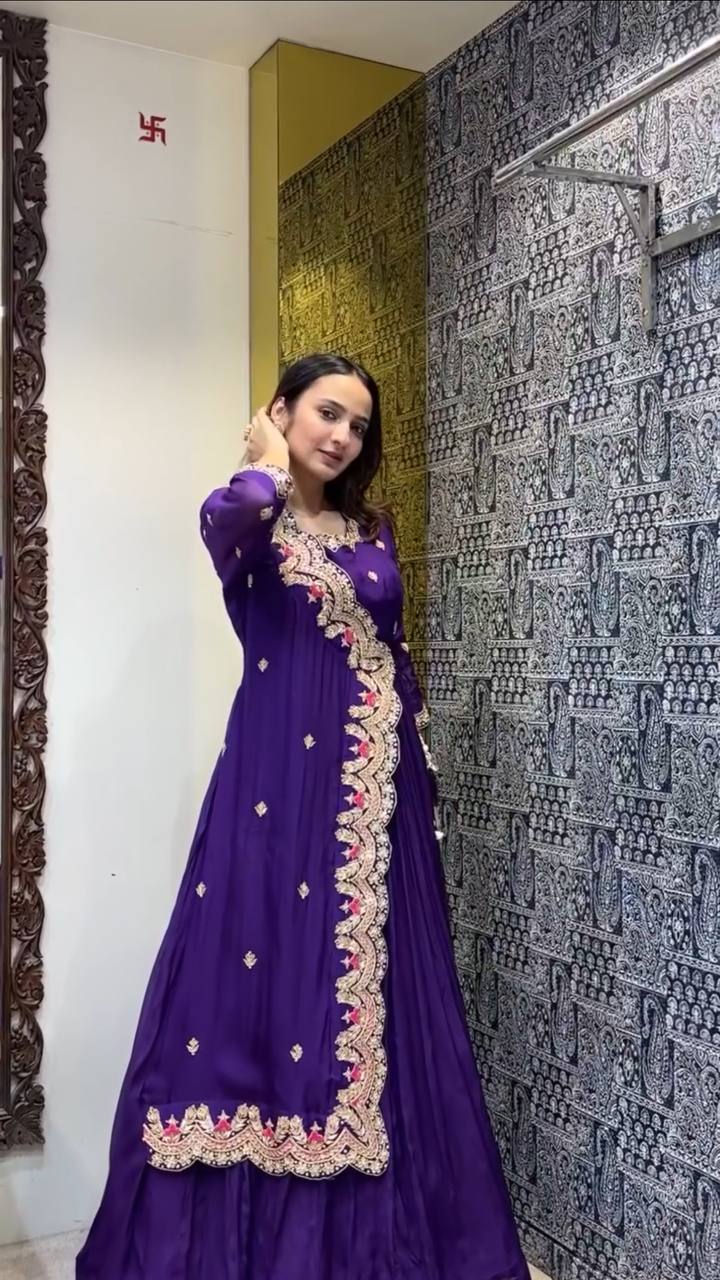 "Elegant Faux Georgette Gown with Intricate Embroidery & Silk Inner"