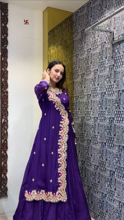 "Elegant Faux Georgette Gown with Intricate Embroidery & Silk Inner"