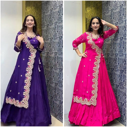 "Elegant Faux Georgette Gown with Intricate Embroidery & Silk Inner"
