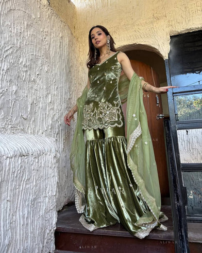 "Elegant Pure Velvet Sharara Set with Embroidered Sequence Work & Organza Dupatta"