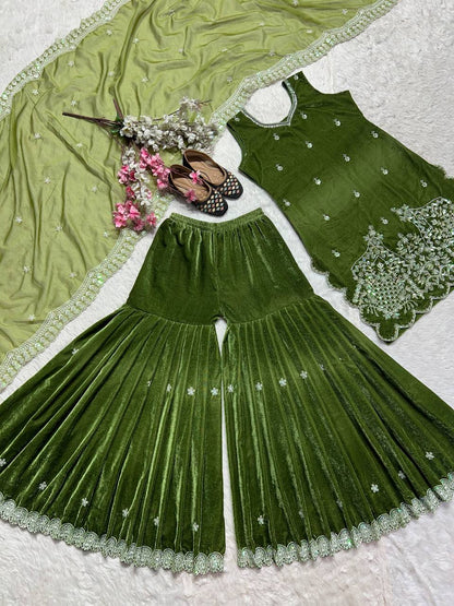 "Elegant Pure Velvet Sharara Set with Embroidered Sequence Work & Organza Dupatta"