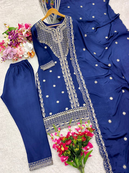 "Elegant Pure Cinon Silk Ensemble with Heavy Sequence Work"
