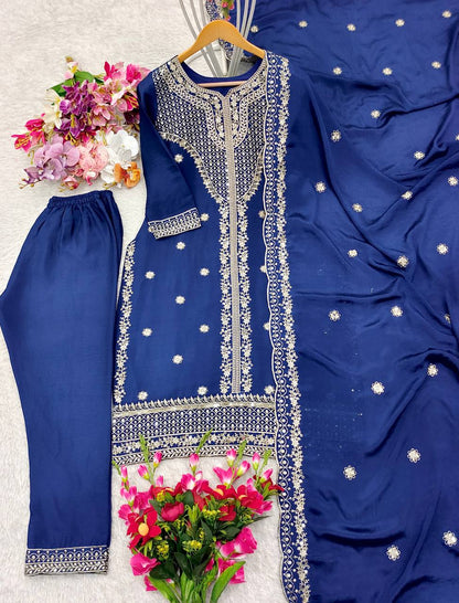 "Elegant Pure Cinon Silk Ensemble with Heavy Sequence Work"