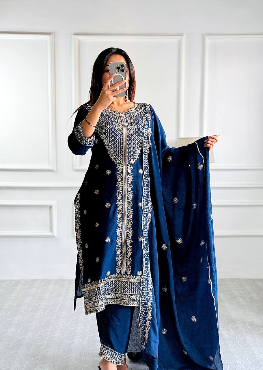 "Luxury Cinon Silk Set: Embroidered Top, Pant, and Dupatta"