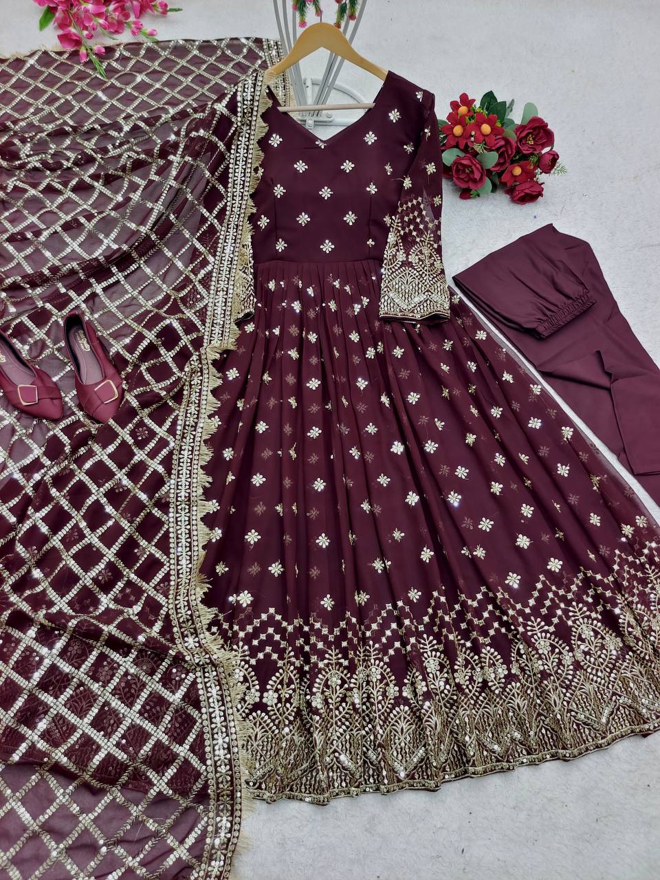 "Heavy Fox Georgette Gown Set with Sequins Embroidery, Pant & Dupatta – Fully Stitched"