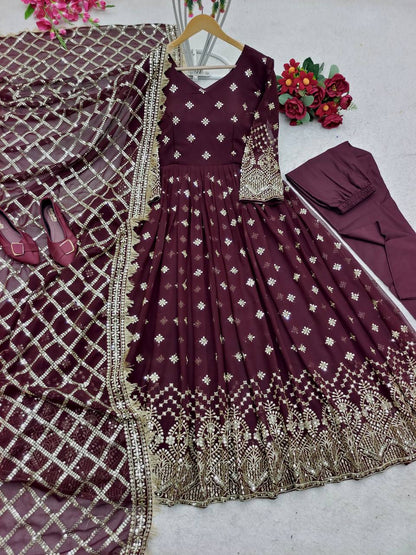 "Heavy Fox Georgette Gown Set with Sequins Embroidery, Pant & Dupatta – Fully Stitched"