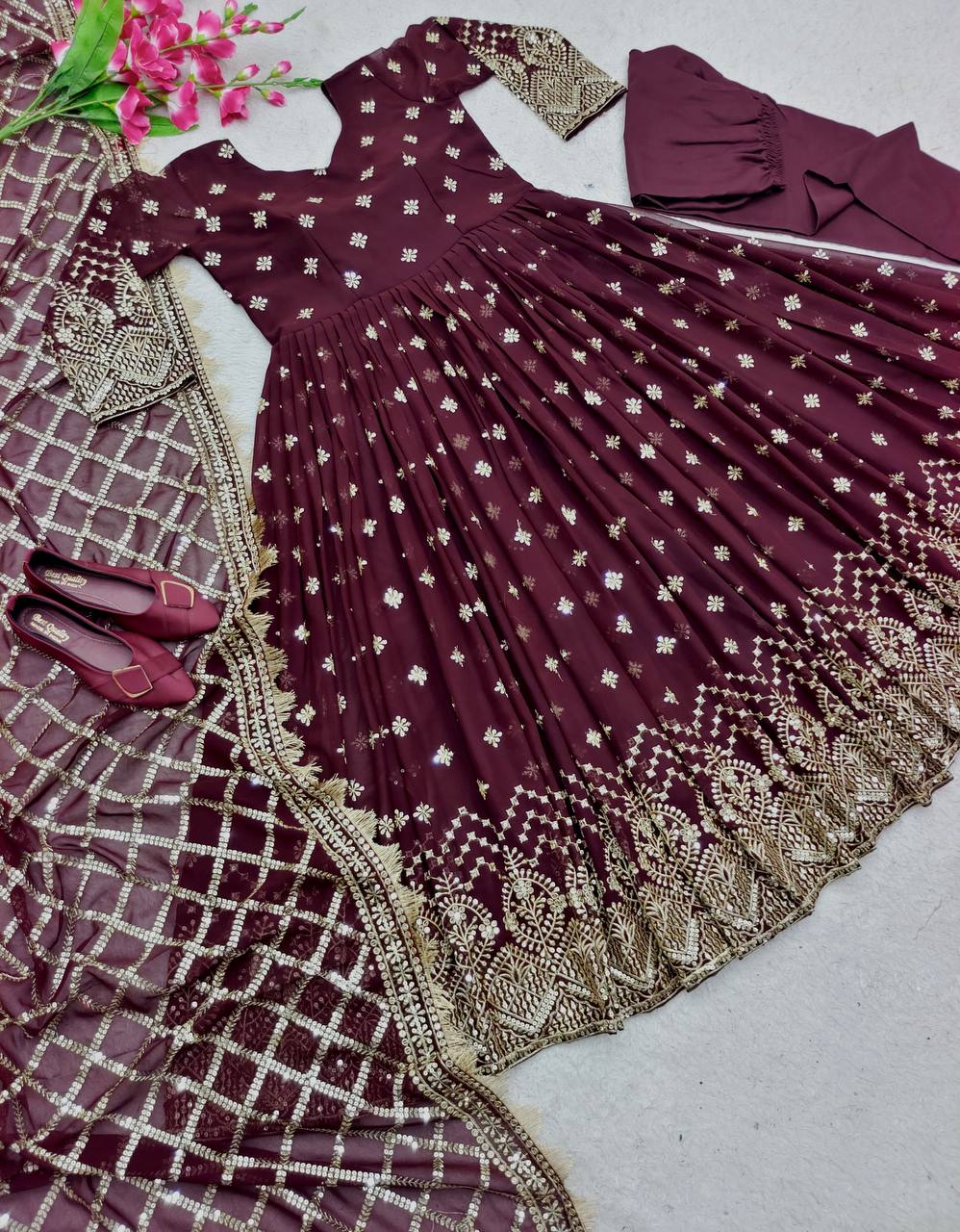 "Heavy Fox Georgette Gown Set with Sequins Embroidery, Pant & Dupatta – Fully Stitched"