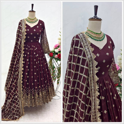 "Heavy Fox Georgette Gown Set with Sequins Embroidery, Pant & Dupatta – Fully Stitched"