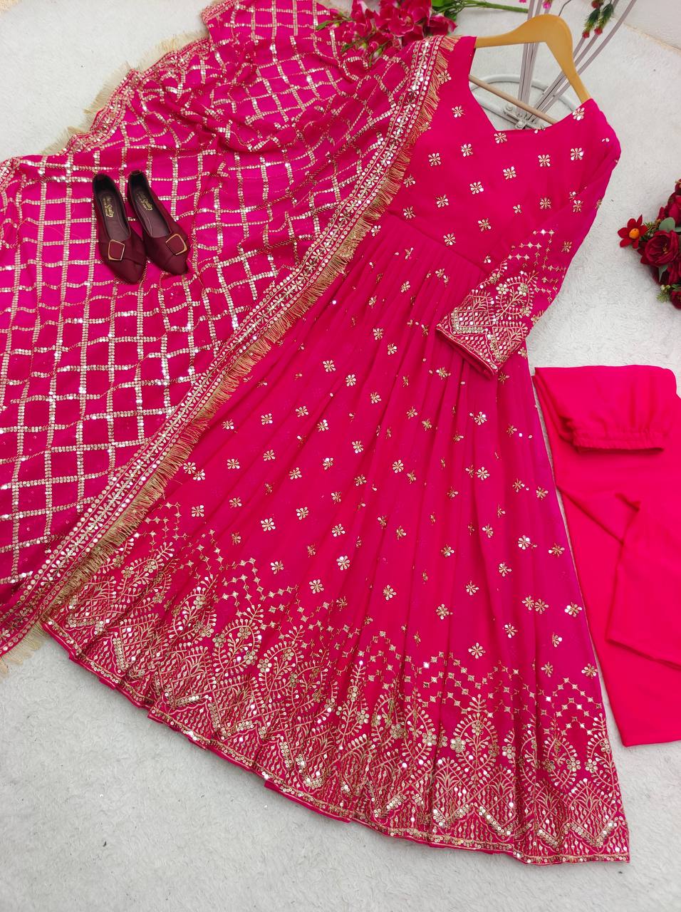 "Heavy Fox Georgette Gown Set with Sequins Embroidery, Pant & Dupatta – Fully Stitched"