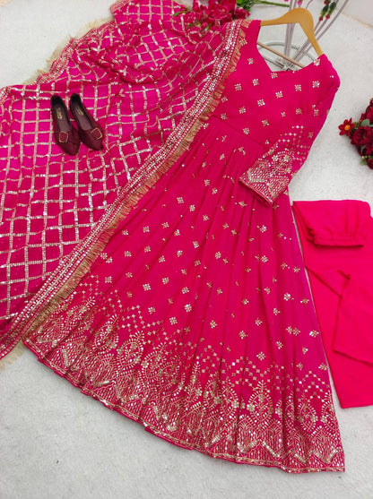 "Heavy Fox Georgette Gown Set with Sequins Embroidery, Pant & Dupatta – Fully Stitched"