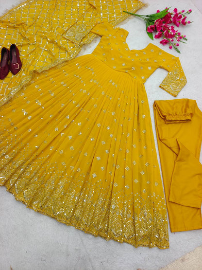 "Heavy Fox Georgette Gown Set with Sequins Embroidery, Pant & Dupatta – Fully Stitched"