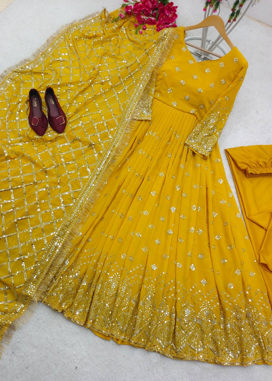 "Heavy Fox Georgette Gown Set with Sequins Embroidery, Pant & Dupatta – Fully Stitched"