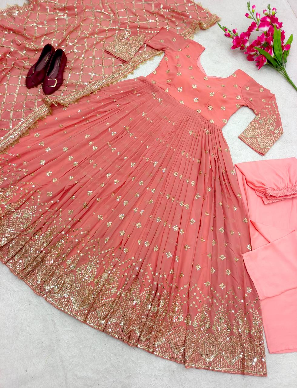 "Heavy Fox Georgette Gown Set with Sequins Embroidery, Pant & Dupatta – Fully Stitched"