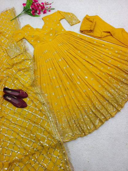 "Heavy Fox Georgette Gown Set with Sequins Embroidery, Pant & Dupatta – Fully Stitched"