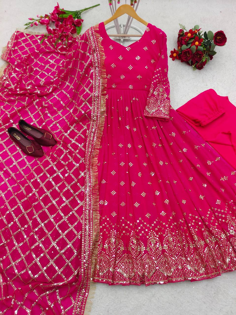 "Heavy Fox Georgette Gown Set with Sequins Embroidery, Pant & Dupatta – Fully Stitched"