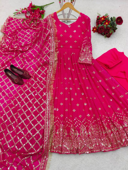 "Heavy Fox Georgette Gown Set with Sequins Embroidery, Pant & Dupatta – Fully Stitched"