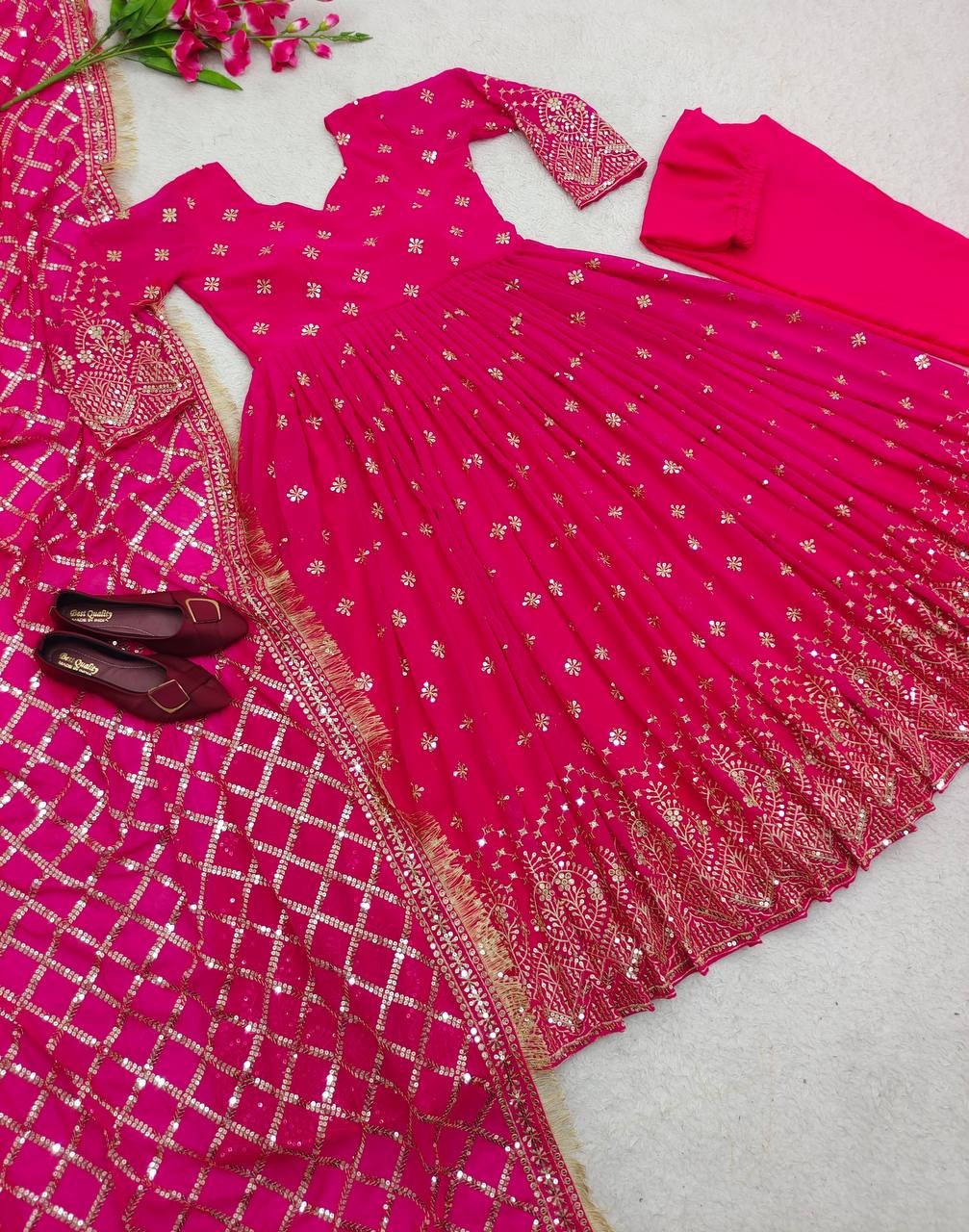 "Heavy Fox Georgette Gown Set with Sequins Embroidery, Pant & Dupatta – Fully Stitched"