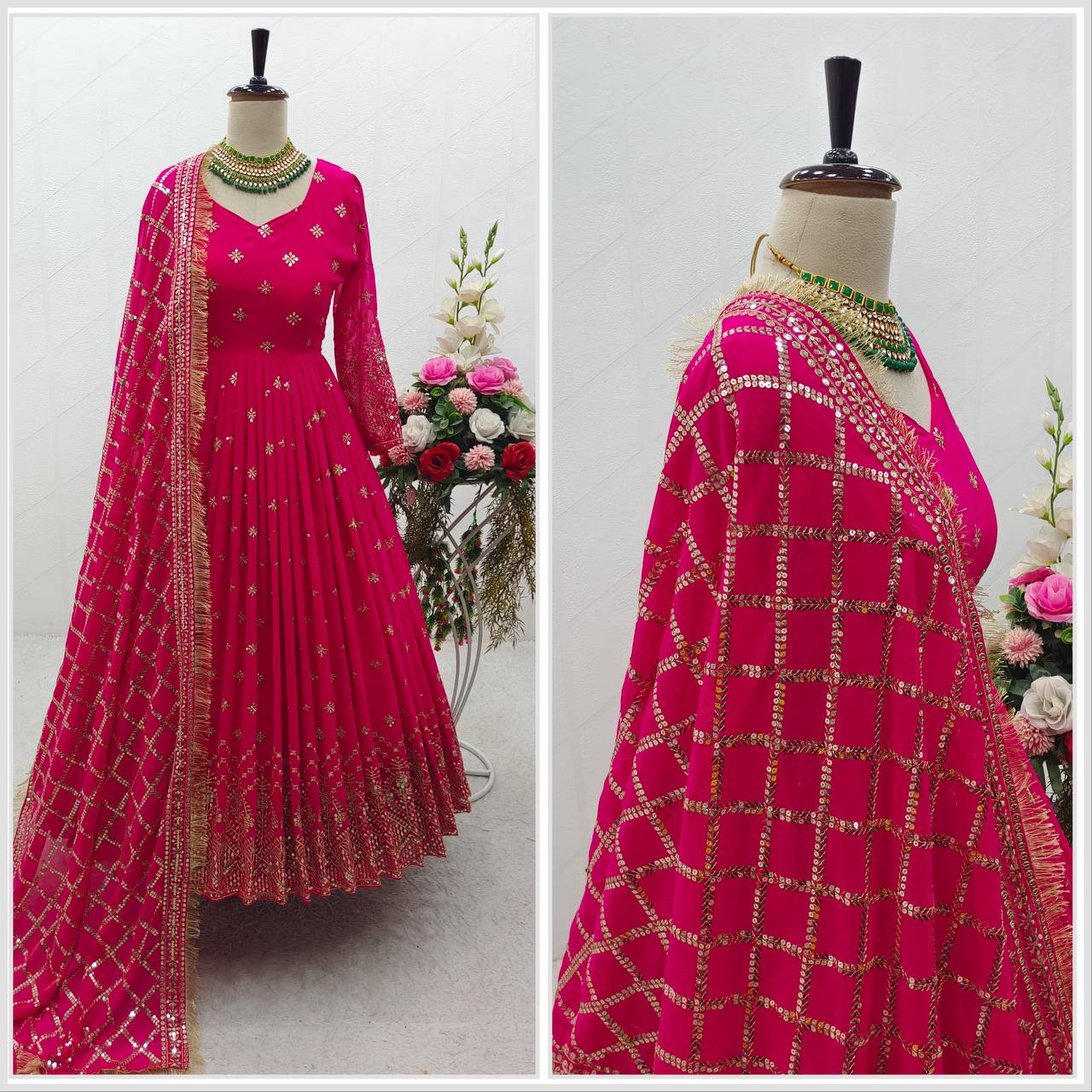 "Heavy Fox Georgette Gown Set with Sequins Embroidery, Pant & Dupatta – Fully Stitched"