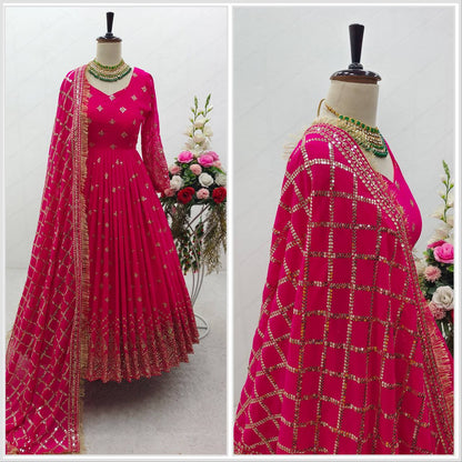"Heavy Fox Georgette Gown Set with Sequins Embroidery, Pant & Dupatta – Fully Stitched"