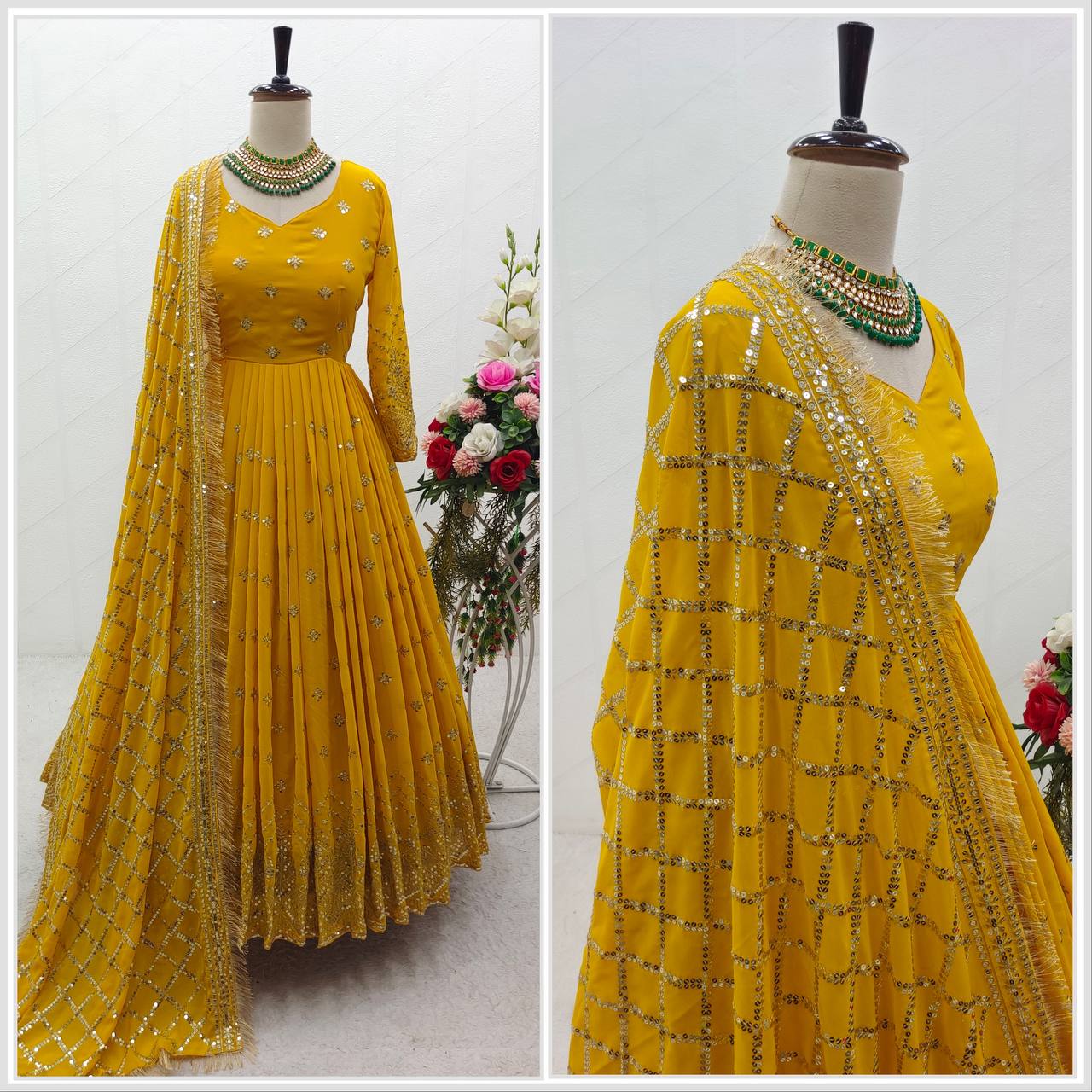 "Heavy Fox Georgette Gown Set with Sequins Embroidery, Pant & Dupatta – Fully Stitched"