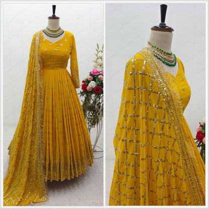"Heavy Fox Georgette Gown Set with Sequins Embroidery, Pant & Dupatta – Fully Stitched"