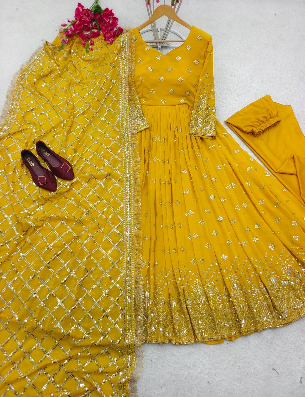 "Heavy Fox Georgette Gown Set with Sequins Embroidery, Pant & Dupatta – Fully Stitched"