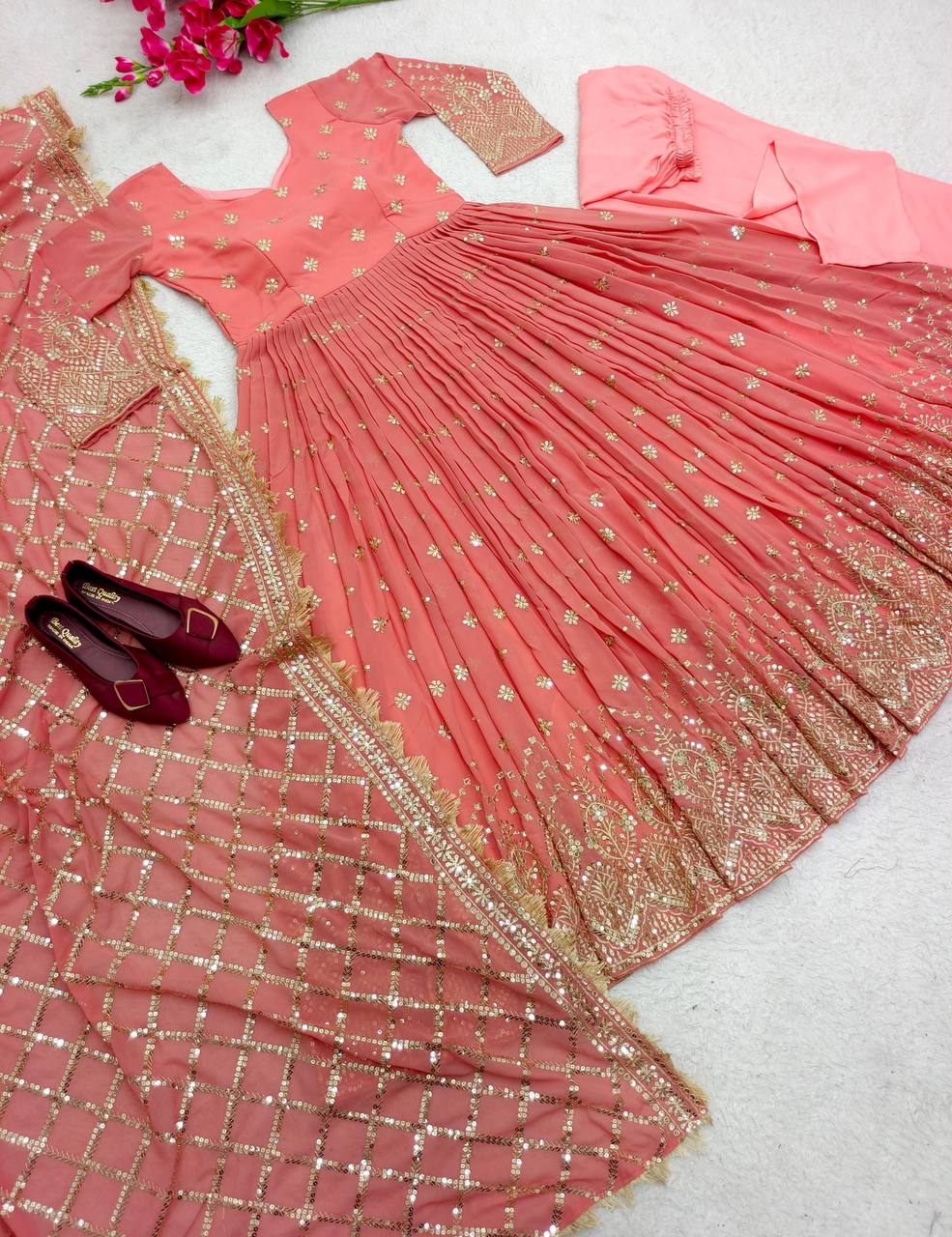 "Heavy Fox Georgette Gown Set with Sequins Embroidery, Pant & Dupatta – Fully Stitched"