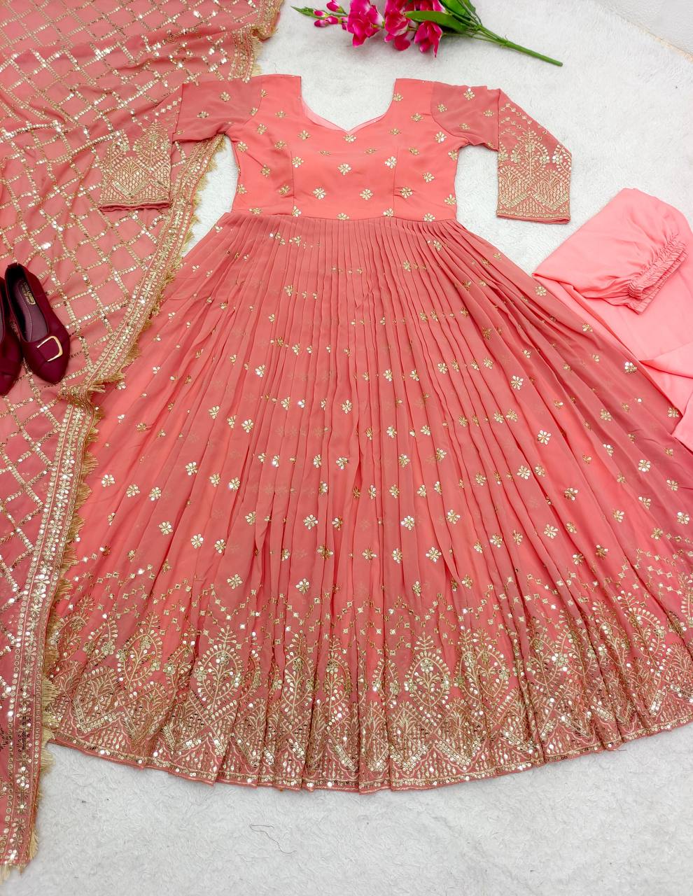 "Heavy Fox Georgette Gown Set with Sequins Embroidery, Pant & Dupatta – Fully Stitched"