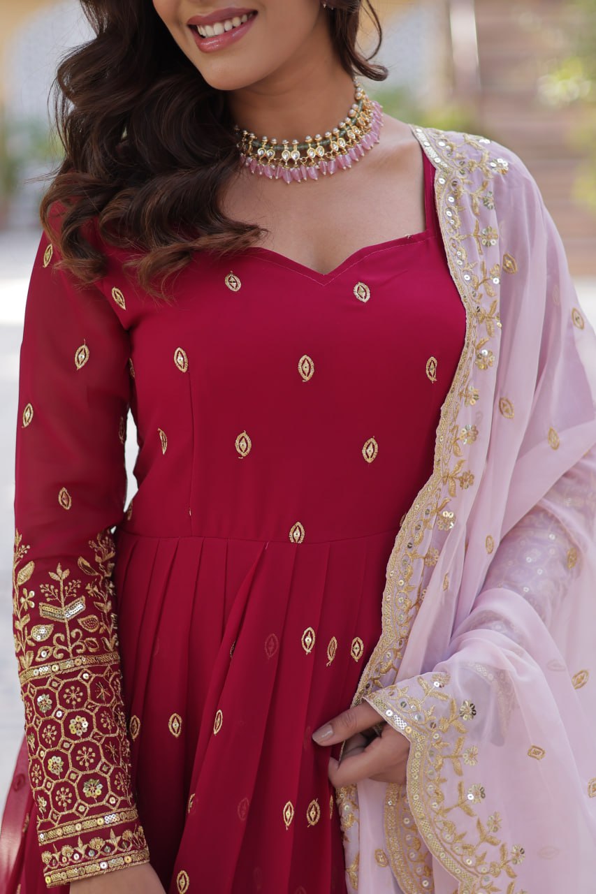 "Elegant Faux Blooming Embroidered Gown with Tabby Silk Dupatta"