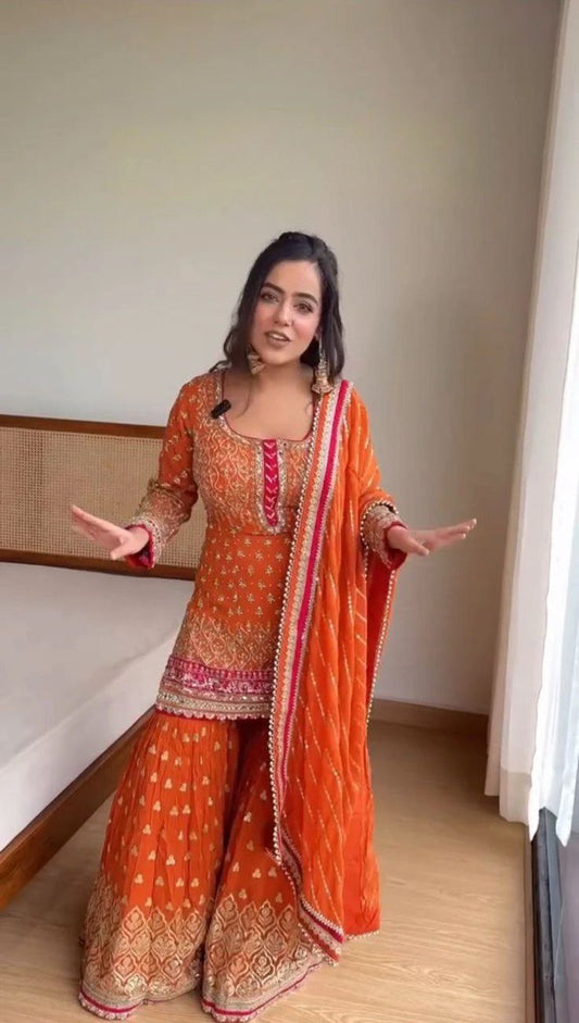 "Elegant Thread Sequence Ensemble with Sharara and Dupatta"