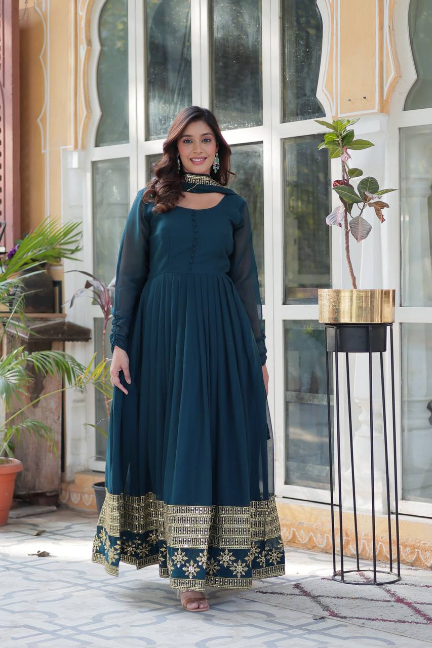 "Exquisite Sequins Embroidered Faux Blooming Gown with Matching Dupatta"