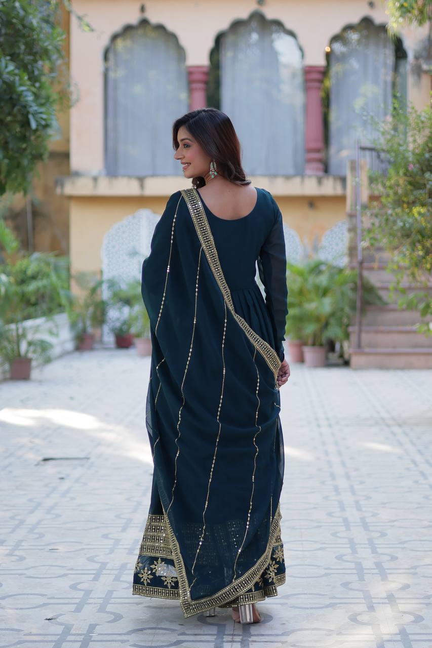 "Exquisite Sequins Embroidered Faux Blooming Gown with Matching Dupatta"