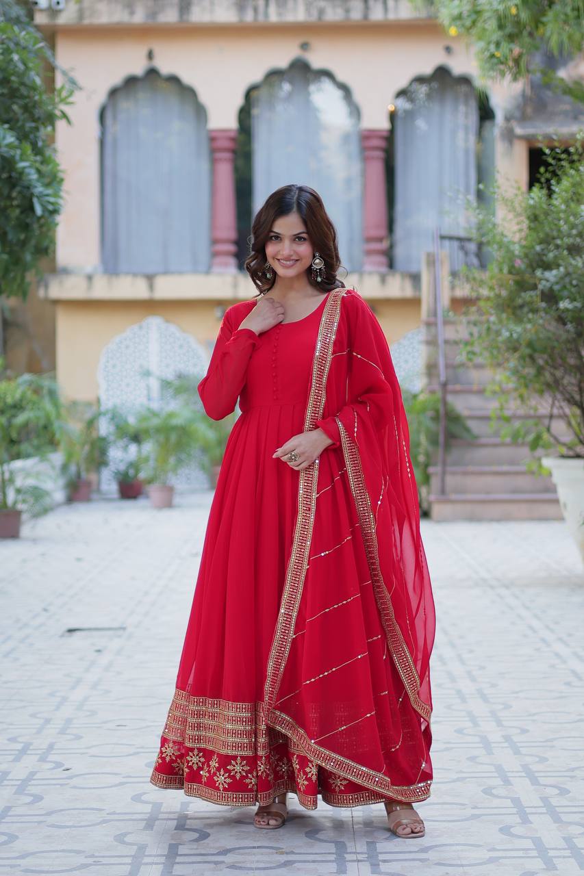 "Exquisite Sequins Embroidered Faux Blooming Gown with Matching Dupatta"