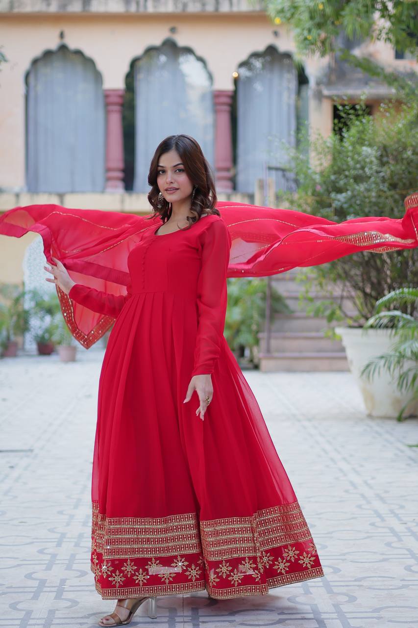 "Exquisite Sequins Embroidered Faux Blooming Gown with Matching Dupatta"