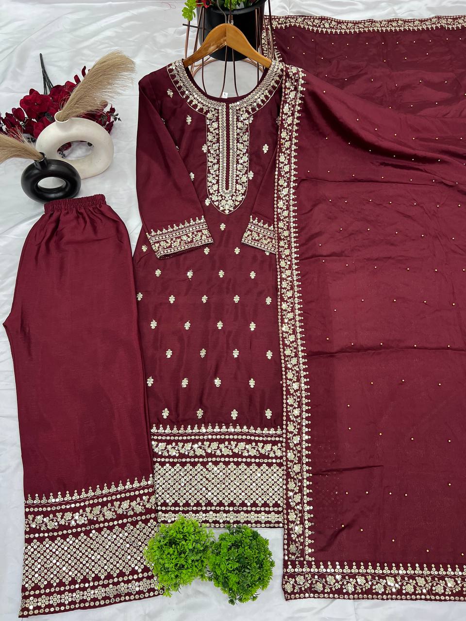 "Elegant Chinnon Silk Embroidered 3-Piece Set with Sequence Work"