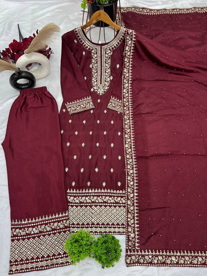 "Elegant Chinnon Silk Embroidered 3-Piece Set with Sequence Work"