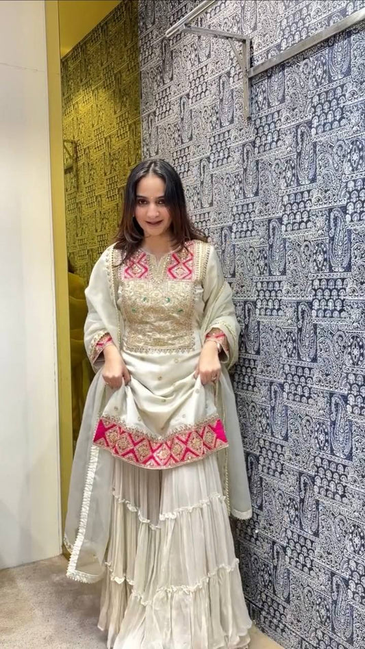 "Elegant Heavy Pur Vichitra Silk Suit Set with Embroidery, Tassels, and Organza Dupatta"