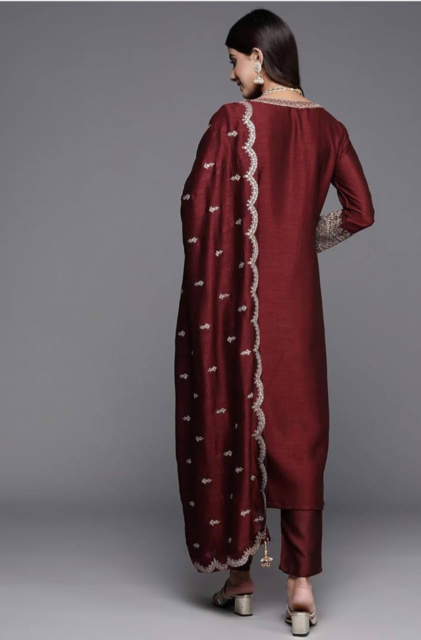 "Pure Cinon Silk Embroidered Top, Pant & Dupatta Set – Ready to Wear"