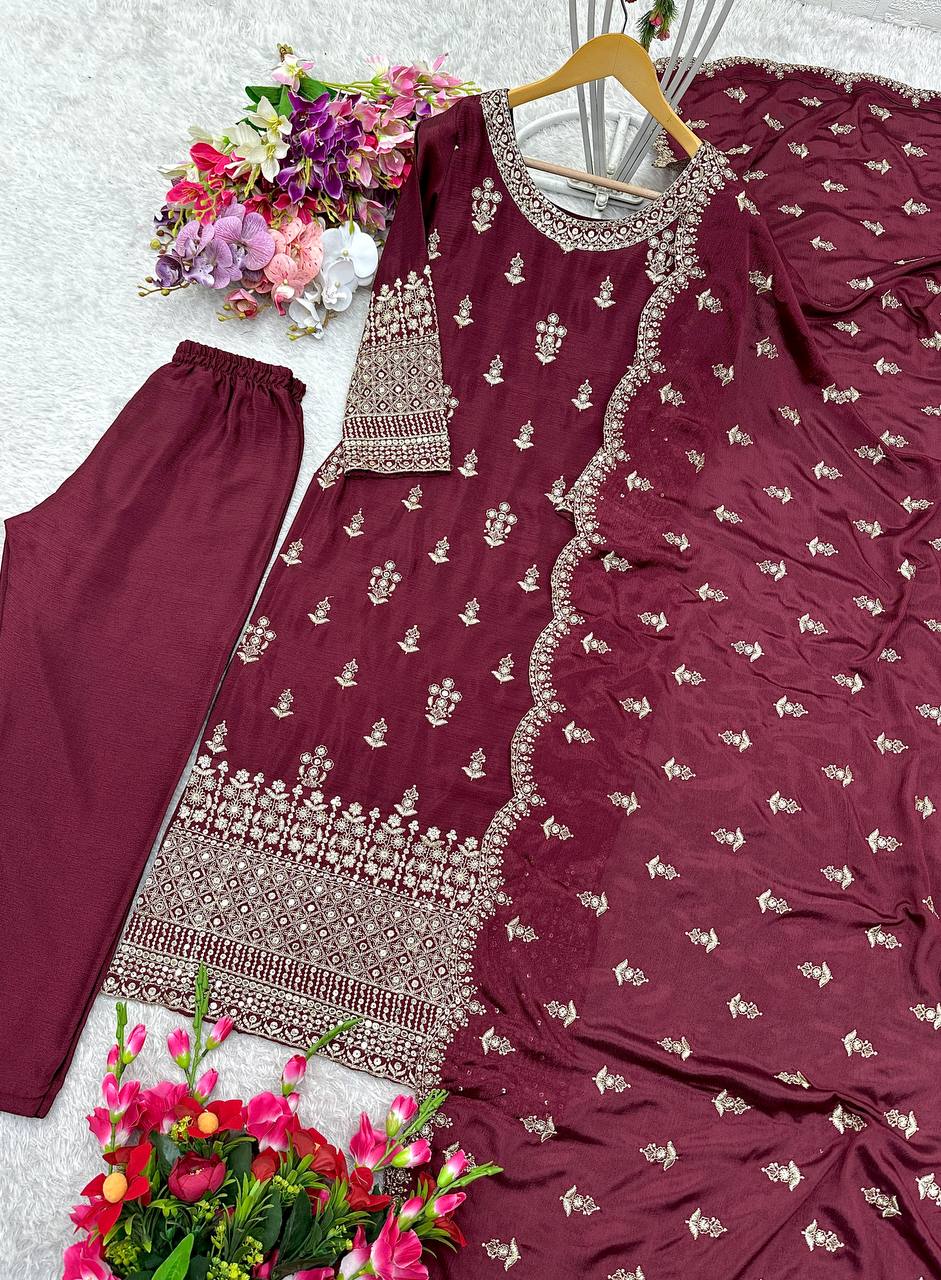 "Pure Cinon Silk Embroidered Top, Pant & Dupatta Set – Ready to Wear"