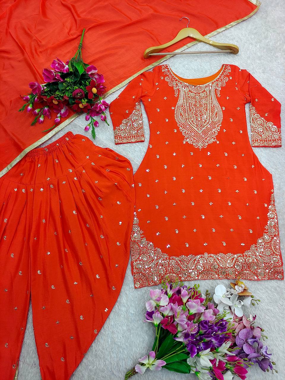 "Elegant Cinon Silk Ensemble with Heavy Embroidery and Sequence Work"