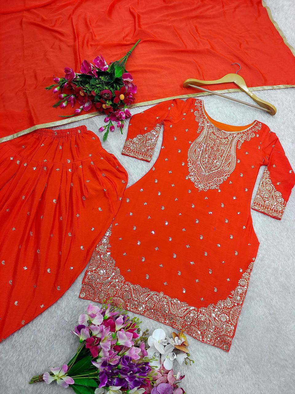 "Elegant Cinon Silk Ensemble with Heavy Embroidery and Sequence Work"