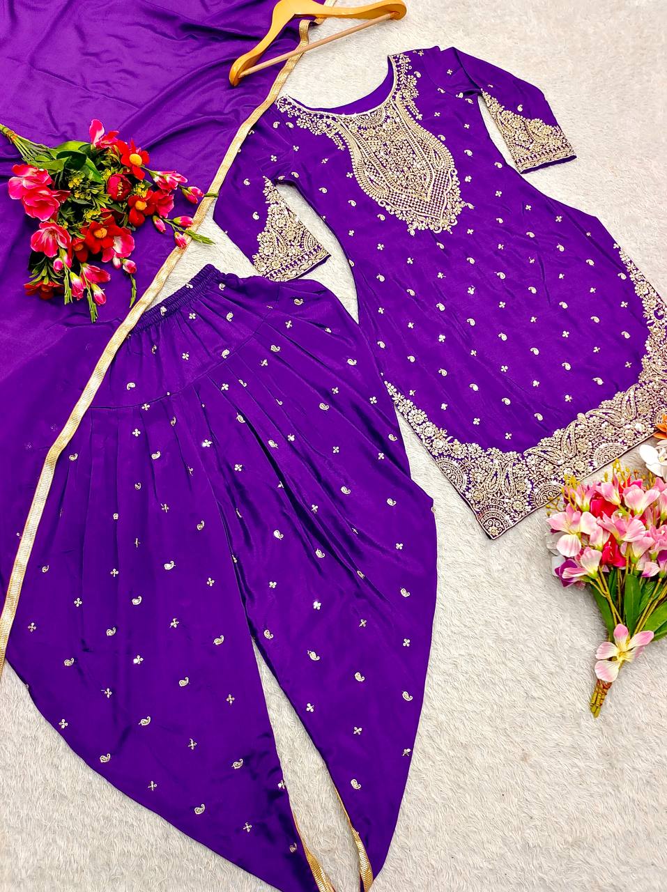 "Elegant Cinon Silk Ensemble with Heavy Embroidery and Sequence Work"