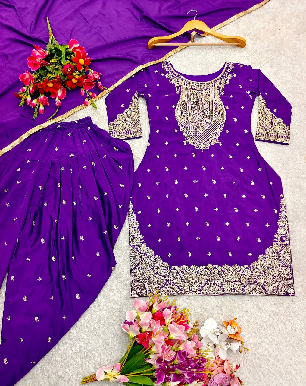 "Elegant Cinon Silk Ensemble with Heavy Embroidery and Sequence Work"