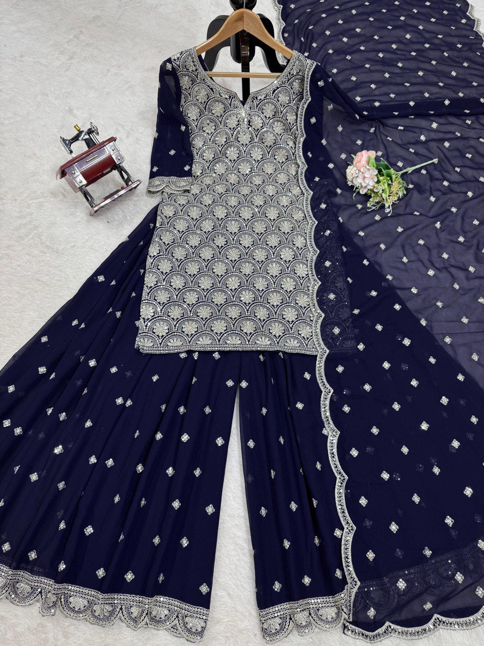 "Elegant Faux Georgette Embroidered Set with Thread & Sequin Work"