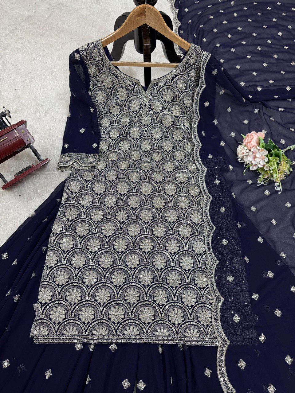 "Elegant Faux Georgette Embroidered Set with Thread & Sequin Work"