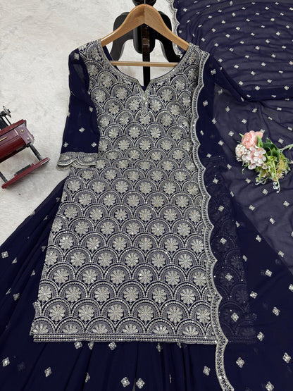 "Elegant Faux Georgette Embroidered Set with Thread & Sequin Work"